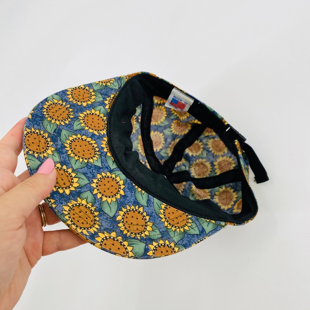 Vintage 90's Sunflower Print Baseball Cap OS Blue Yellow Floral Strapback Hat - Picture 3 of 5